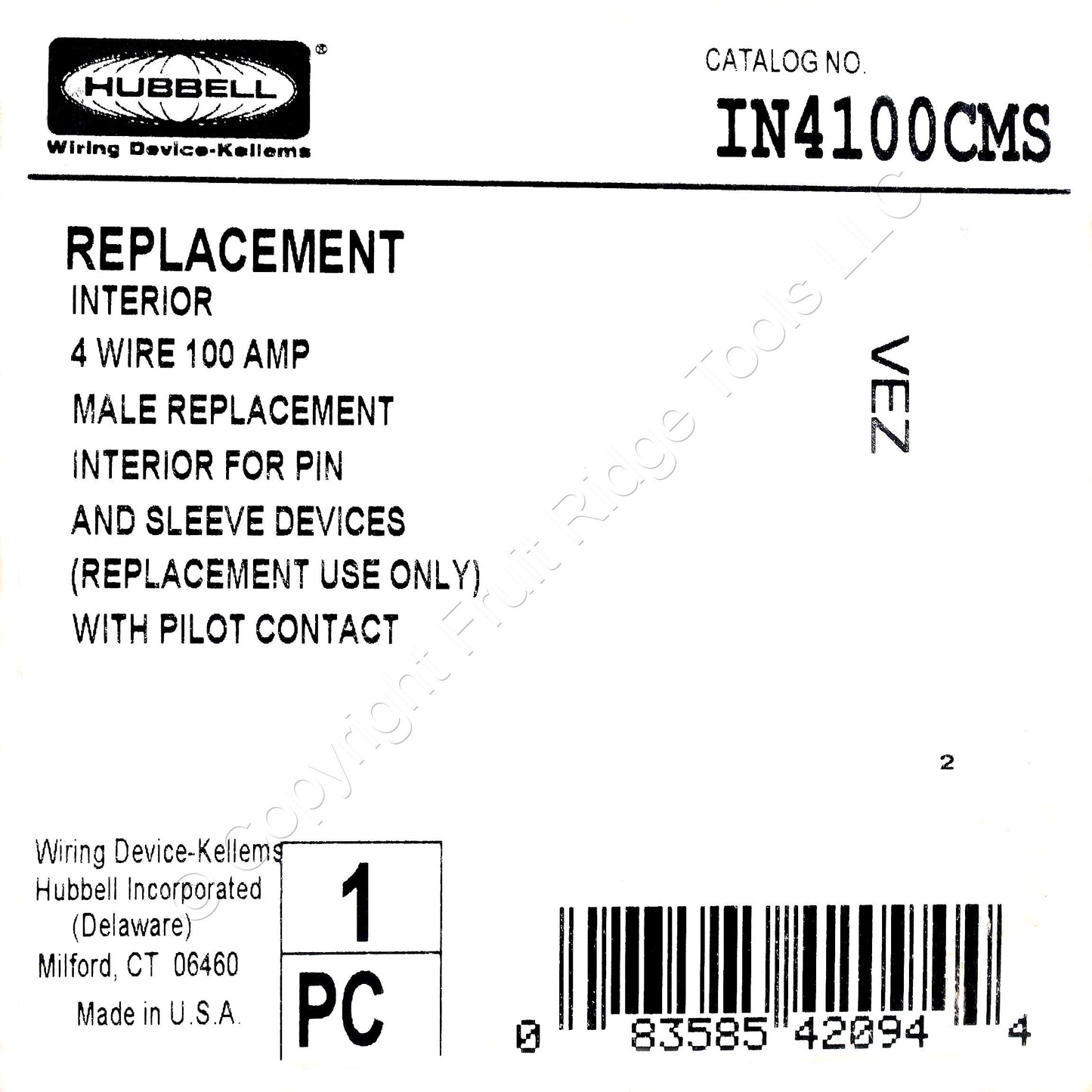 Hubbell IN4100CMS Replacement Core for 4-Wire 100A Pin & Sleeve Plug Center Pin
