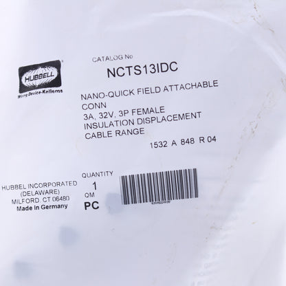 Hubbell Nano-Quick Cable Cord Connector Female 3-Wire Displacement NCTS13IDC