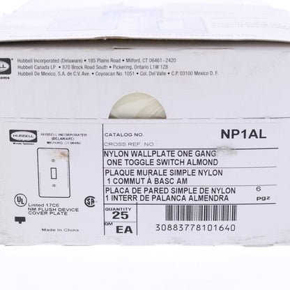 Hubbell NP1AL Almond 1-Gang Toggle Switch Unbreakable Standard Wallplates 25pcs