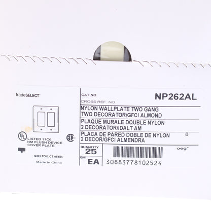 Hubbell NP262AL Almond 2-Gang Decorator Unbreakable Nylon Wallplate Cover 25pcs