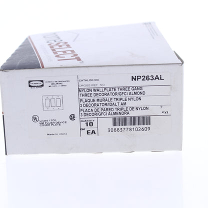 Hubbell NP263AL Almond 3-Gang Decorator Unbreakable Nylon Wallplate Cover 10pcs