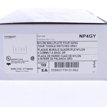 Hubbell NP4GY Gray 4-Gang Toggle Unbreakable Nylon Standard Wallplate Cover 10pc