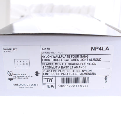 Hubbell NP4LA Light Almond 4-Gang Toggle Unbreakable Nylon Wallplate Cover 10pcs