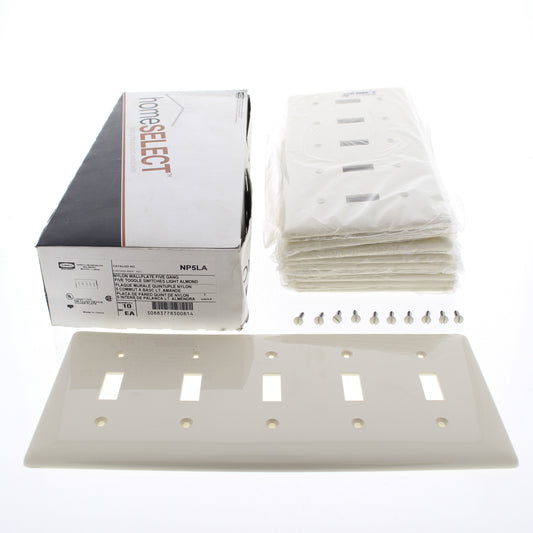 Hubbell NP5LA Light Almond Unbreakable 5-Gang Switch Cover Nylon Wallplate 10pcs
