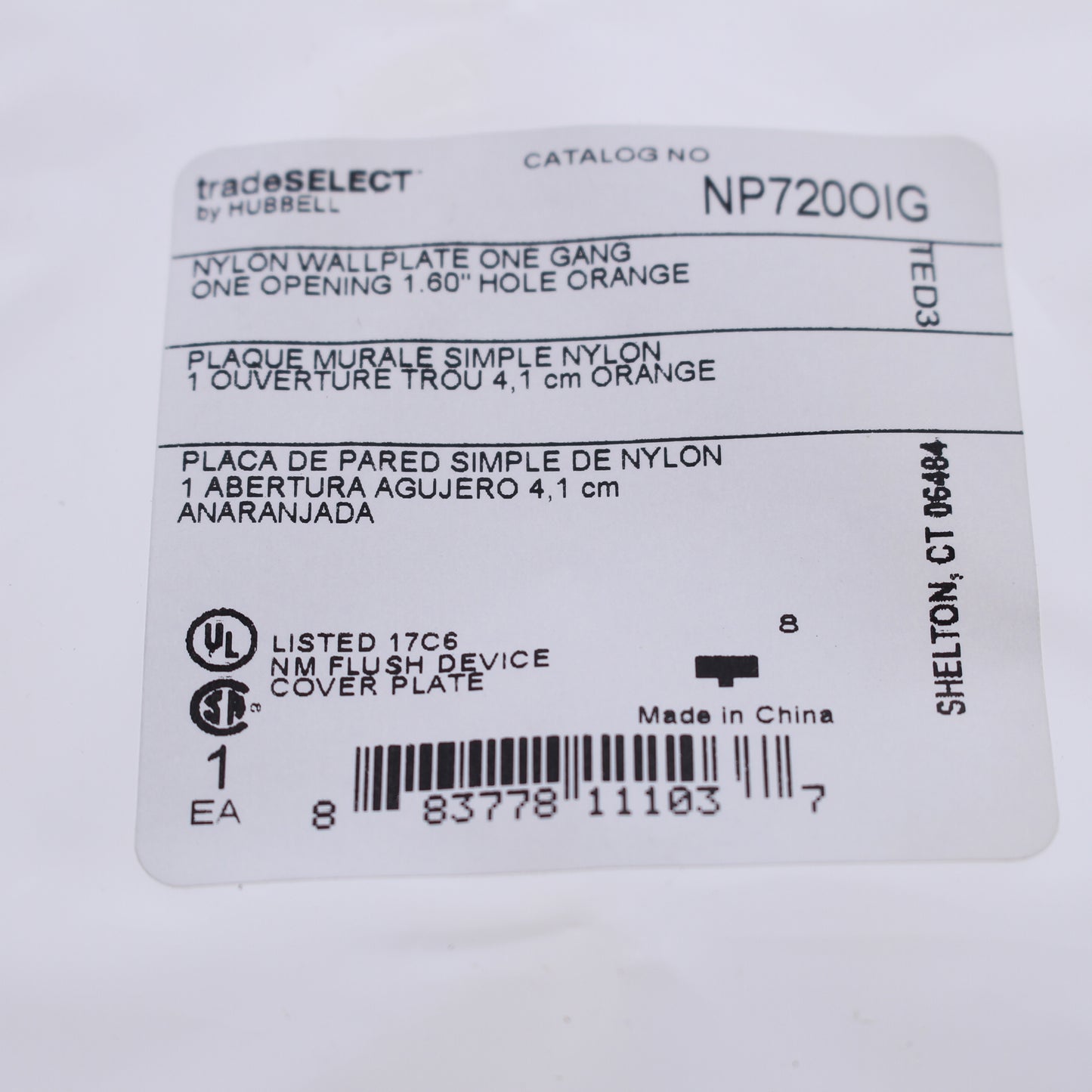 Hubbell NP720OIG Orange 1-Gang Single 1.6" Outlet Unbreakable Wallplate Cover
