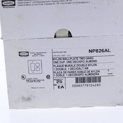Hubbell NP826AL Almond 2-Gang Duplex Decorator Unbreakable Wallplate Cover 25pcs
