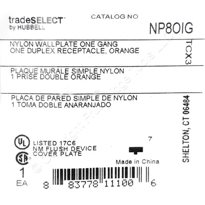Hubbell NP8OIG Orange 1-Gang Duplex Unbreakable Nylon Standard Wallplate Cover