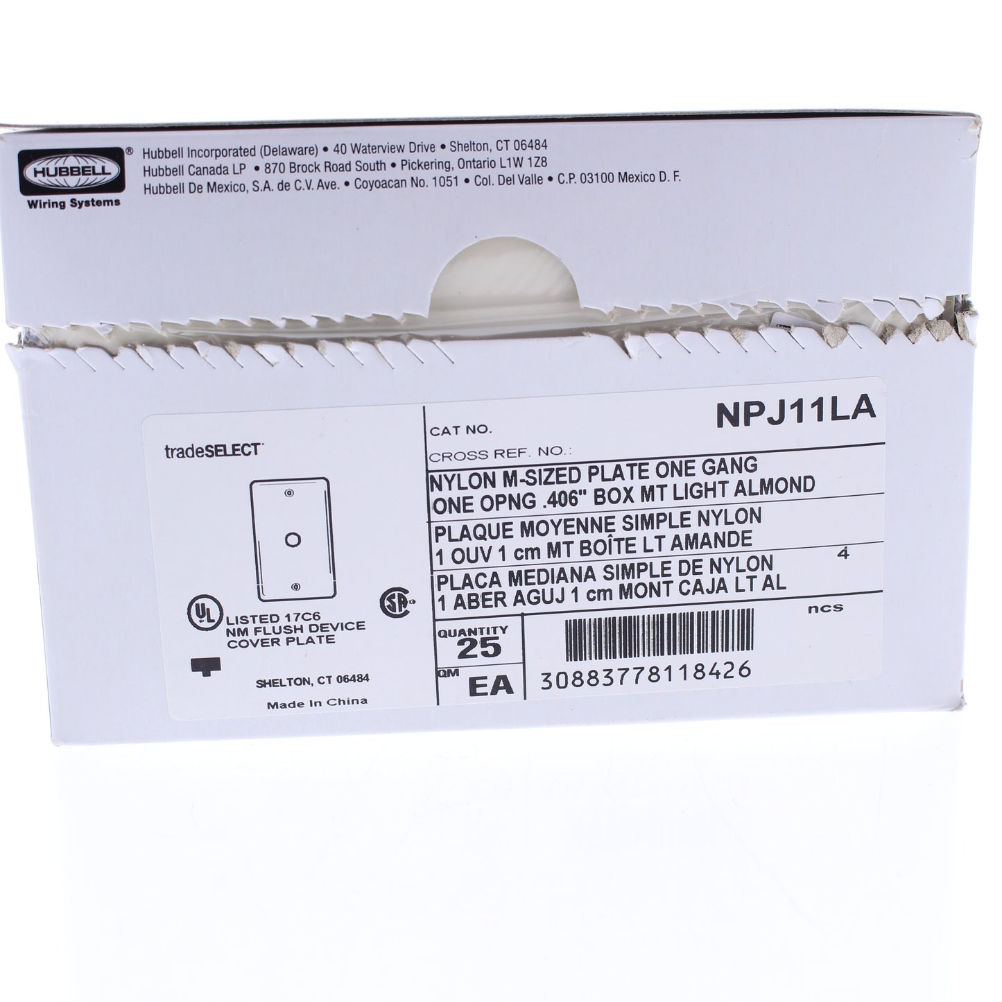 Hubbell NPJ11LA Lt Almond 1-Gang Phone .406" Nylon Mid-Size Cover Box Mount 25pc