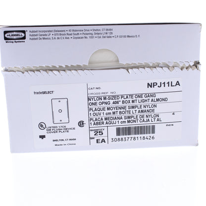 Hubbell NPJ11LA Lt Almond 1-Gang Phone .406" Nylon Mid-Size Cover Box Mount 25pc