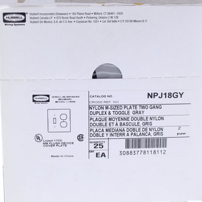 Hubbell NPJ18GY 2-Gang Gray MidSize Switch Duplex Outlet Nylon Wallplate 25-Pack