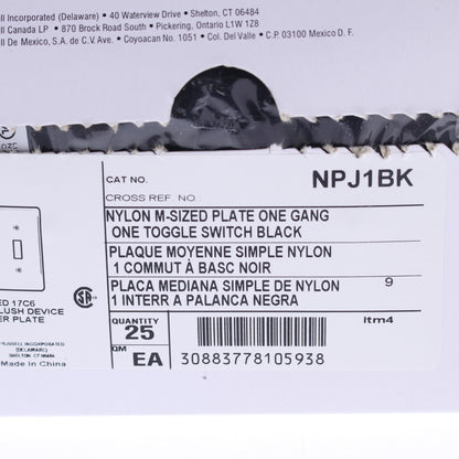 Hubbell NPJ1BK Black 1-Gang Toggle Unbreakable Mid-Size Wallplate Cover 25pcs