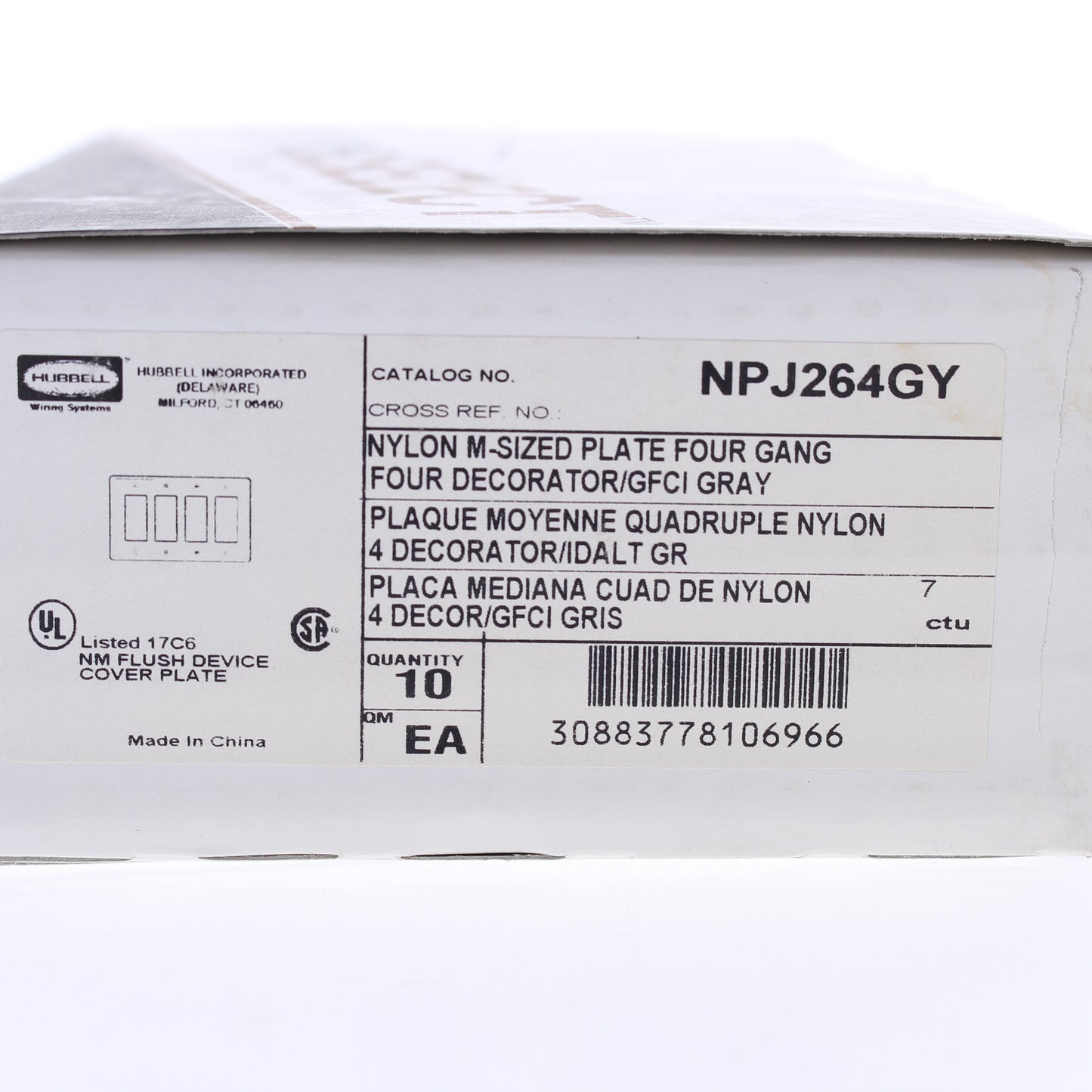 Hubbell NPJ264GY Gray 4-Gang Decorator Unbreakable Mid-Size Wallplate Cover 10pc