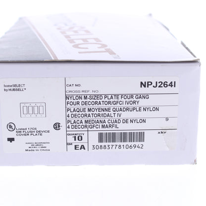 Hubbell NPJ264I Ivory 4-Gang Decorator GFCI Cover Mid-Size Nylon Wallplate 10pcs