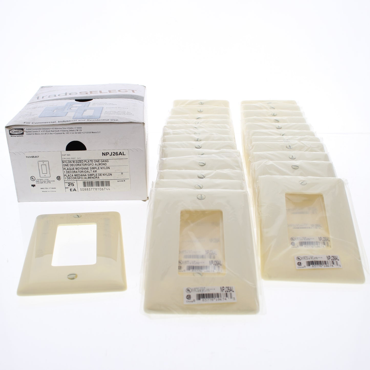 Hubbell NPJ26AL Almond 1-Gang 1-Gang Unbreakable Mid-Size Wallplate Cover 25pcs