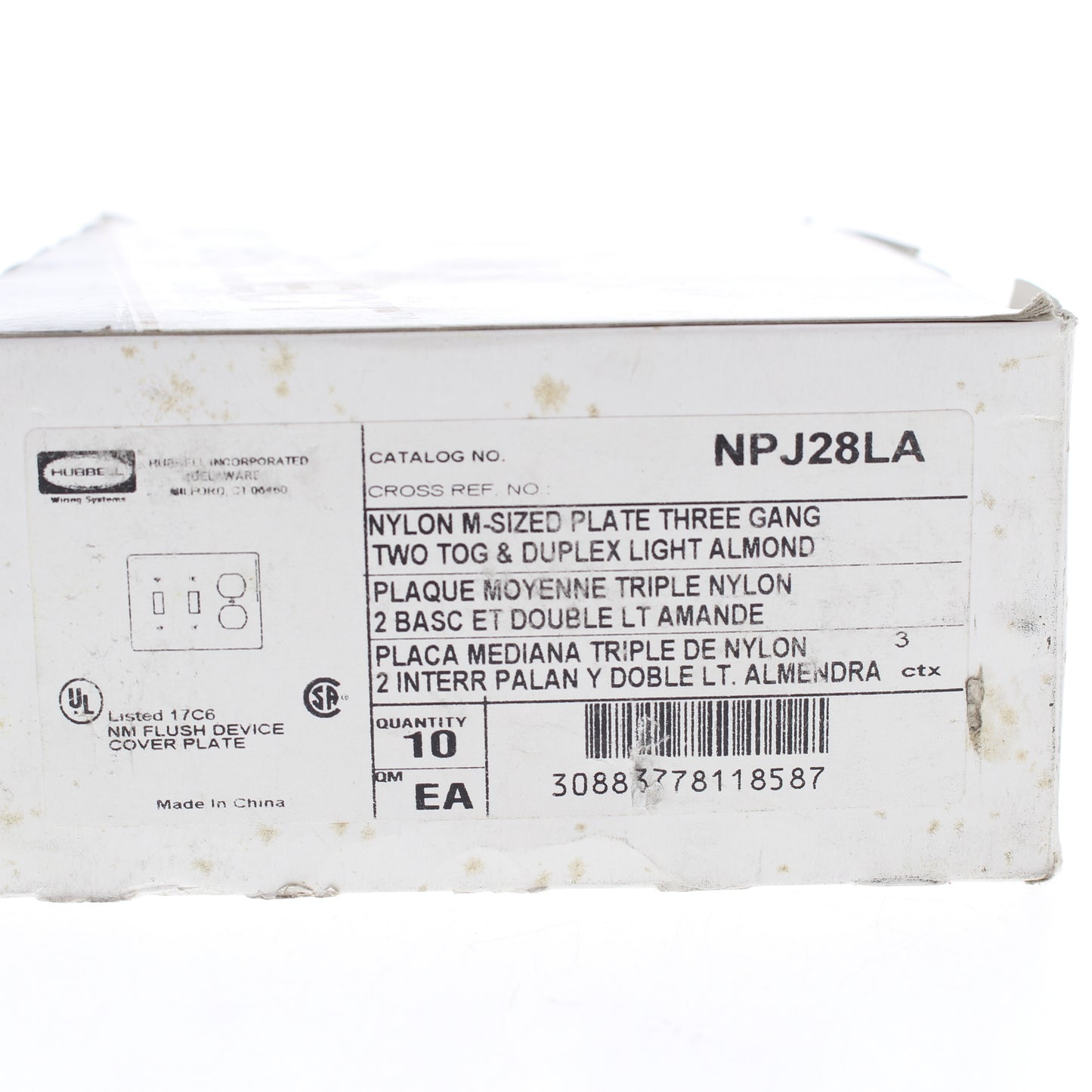 Hubbell NPJ28LA Lt Almond 3-Gang Outlet Toggle Switch Mid-Size Nylon Cover 10pcs