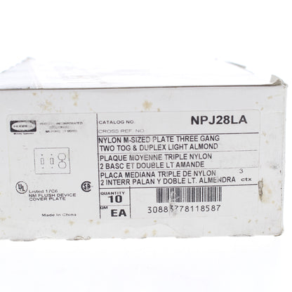 Hubbell NPJ28LA Lt Almond 3-Gang Outlet Toggle Switch Mid-Size Nylon Cover 10pcs