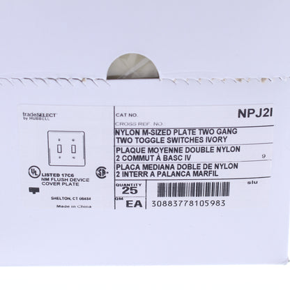 Hubbell NPJ2I Ivory 2-Gang Toggle Switch Unbreakable Mid-Size Wallplates 25pcs