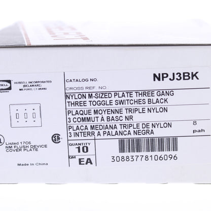 Hubbell NPJ3BK Black 3-Gang Mid-Size Toggle Switch Cover Nylon Wallplate 10-Pack