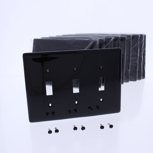 Hubbell NPJ3BK Black 3-Gang Mid-Size Toggle Switch Cover Nylon Wallplate 10-Pack