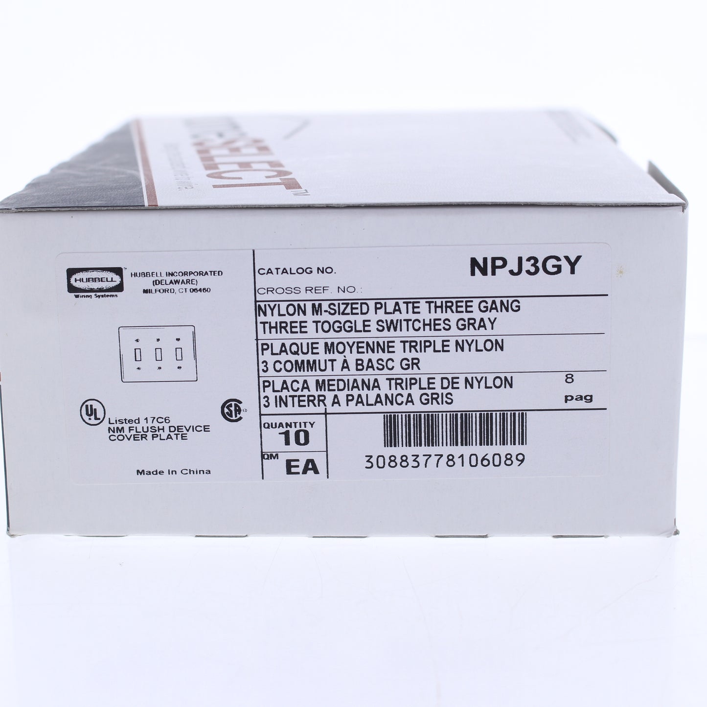 Hubbell NPJ3GY Gray 3-Gang Toggle Switch Unbreakable Mid-Size Wallplates 10pcs