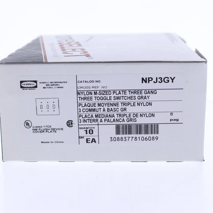 Hubbell NPJ3GY Gray 3-Gang Toggle Switch Unbreakable Mid-Size Wallplates 10pcs