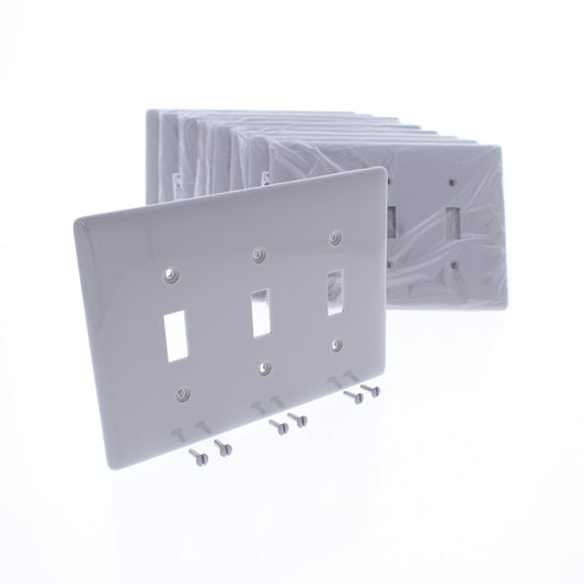 Hubbell NPJ3GY Gray 3-Gang Toggle Switch Unbreakable Mid-Size Wallplates 10pcs