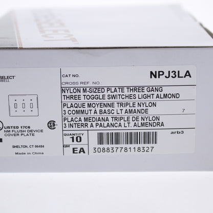 Hubbell NPJ3LA Light Almond 3-Gang Toggle Unbreakable Mid-Size Wallplate 10pcs