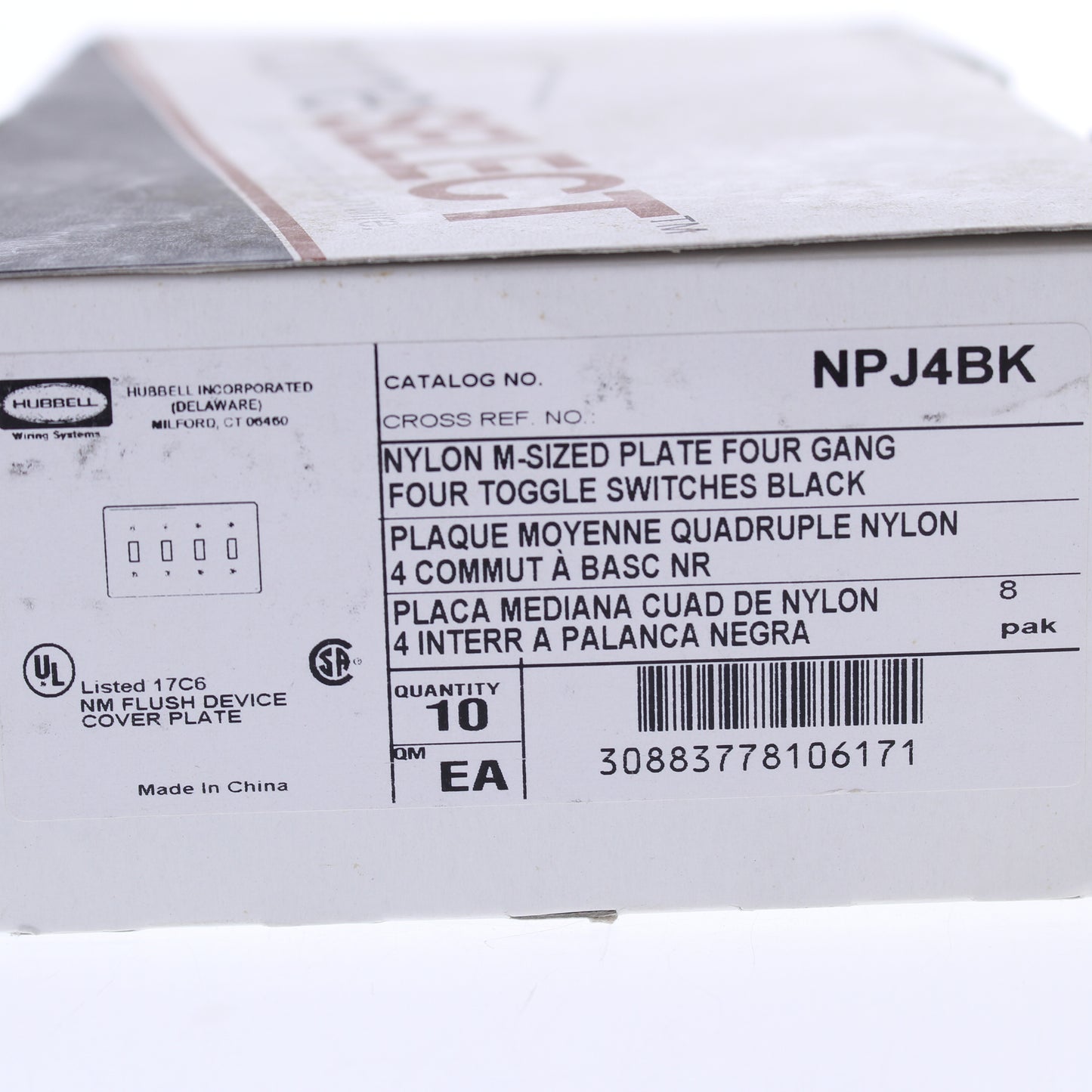 Hubbell NPJ4BK Black 4-Gang MidSize Toggle Switch Cover Nylon Wallplates 10-Pack