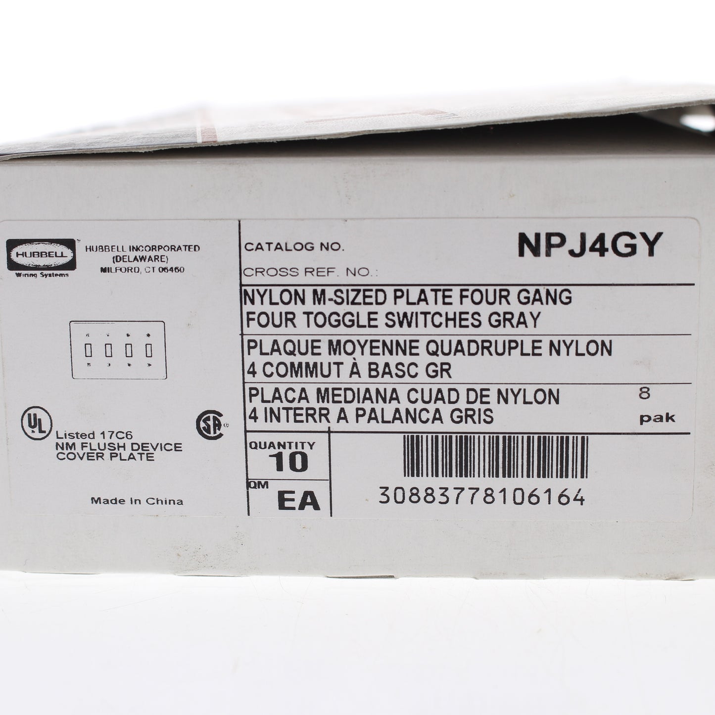 Hubbell NPJ4GY Gray 4-Gang Toggle Switch Unbreakable Mid-Size Wallplates 10pcs