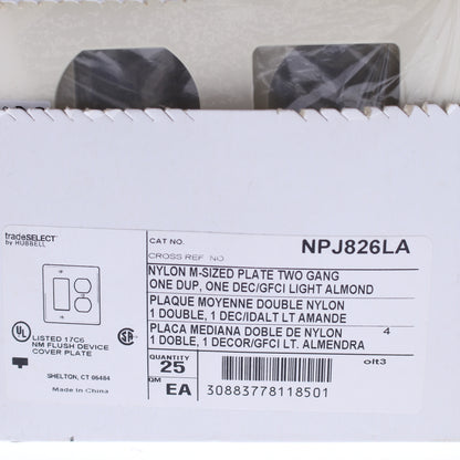 Hubbell NPJ826LA Lt Almond 2-Gang Duplex GFCI Unbreakable Mid-Size Covers 25pcs