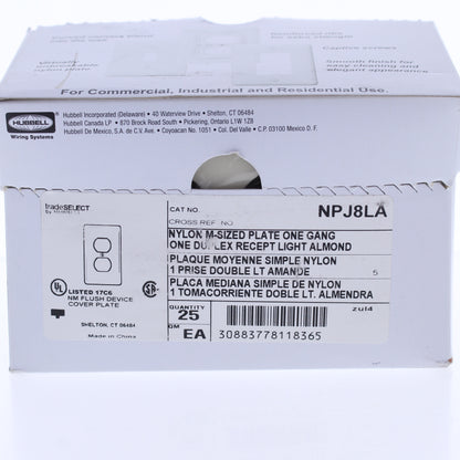 Hubbell NPJ8AL Almond 1-Gang Duplex Unbreakable Mid-Size Wallplate Cover 25pcs