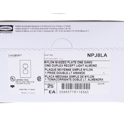 Hubbell NPJ8LA Light Almond 1-Gang Duplex Unbreakable Mid-Size Wallplate 25pcs