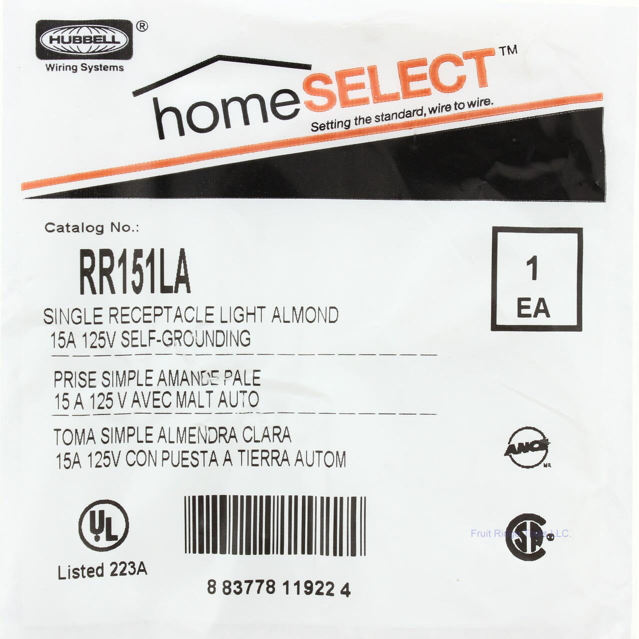 Hubbell Lt Almond Residential Single Outlet Receptacle 5-15R 15A 125V RR151LA