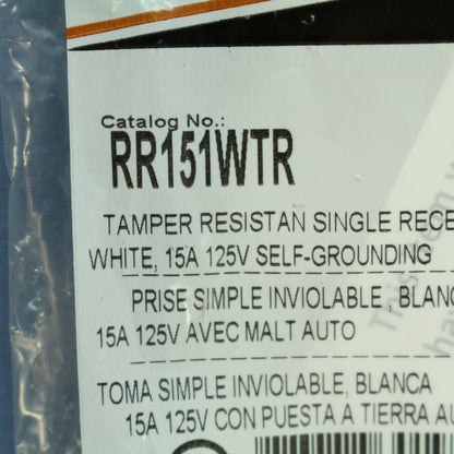 Hubbell White Tamper Resistant Single Outlet Receptacle Nema 5-15R 15A RR151WTR