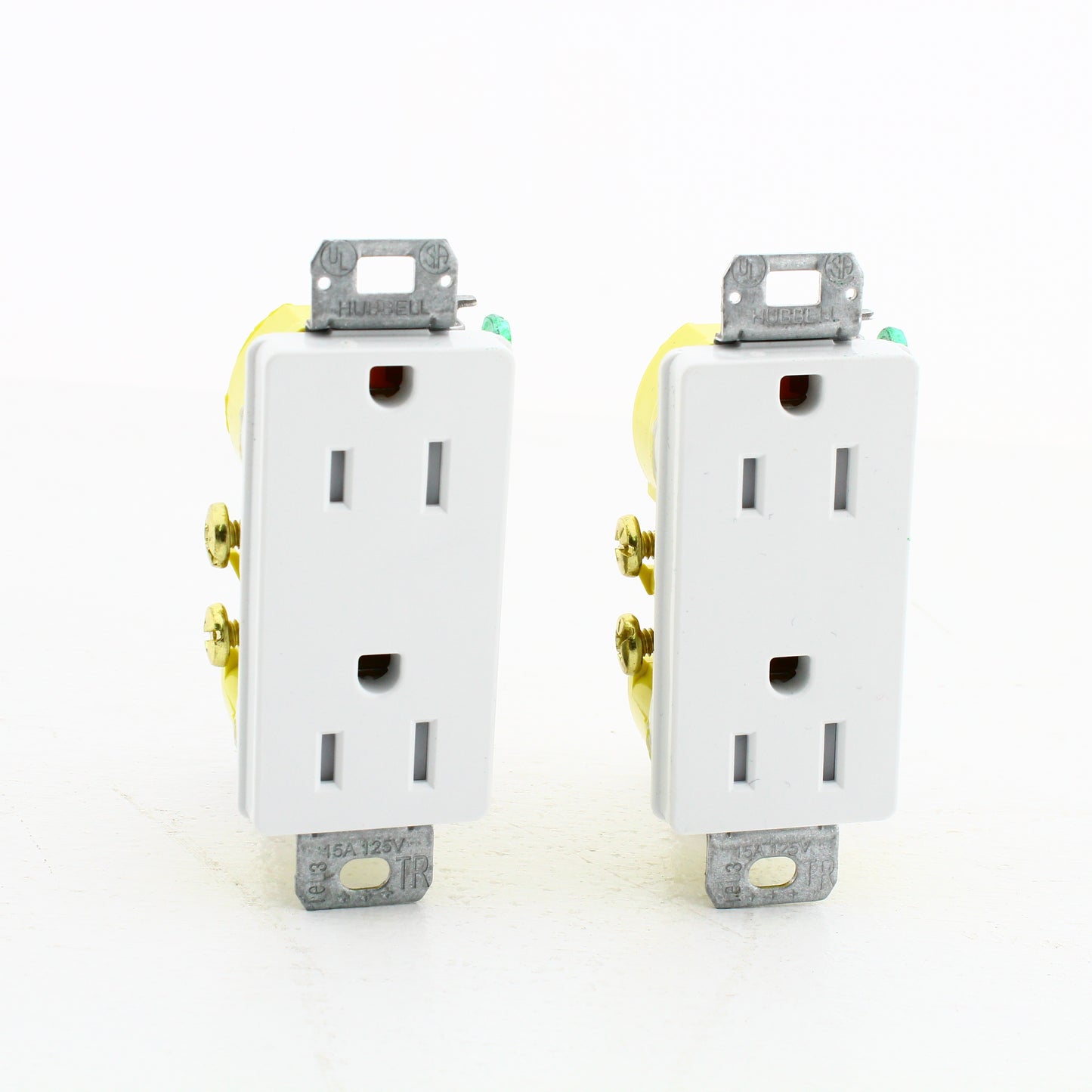 2 Hubbell White Tamper Resistant Decorator PANEL Receptacles 15A Earless
