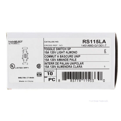 Hubbell RS115LA Almond 10 Residential Left Single Pole Toggle Light 10-Pack