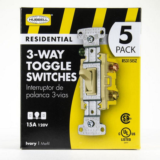 Hubbell RS315I Ivory Framed Toggle Light Switch 3-Way Residential 15A 120V 5pcs