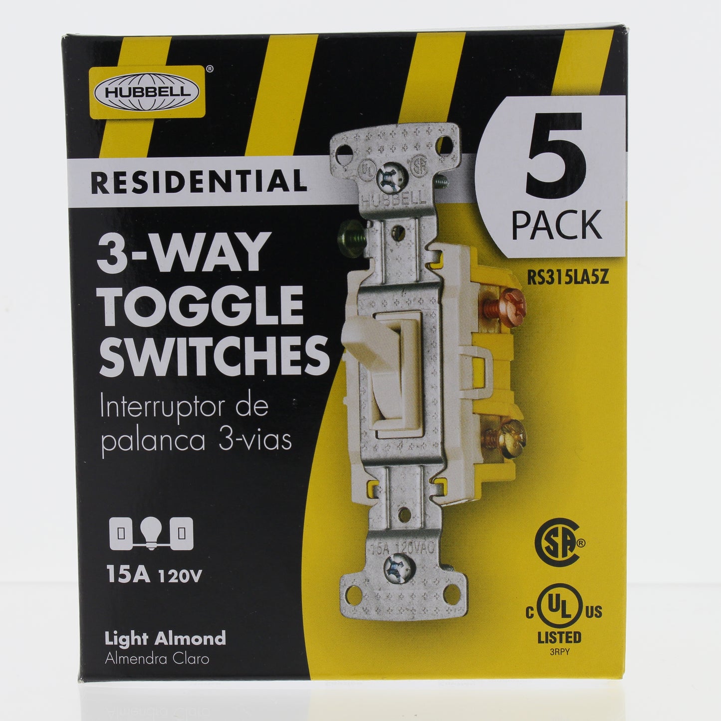 Hubbell RS315LA Lt Almond Framed Toggle Light Switch 3-Way Residential 15A 5pcs