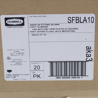 Hubbell SFBLA10 Light Almond Snap-In Fit Blank Filler Plate HPW Inserts 200-Pack