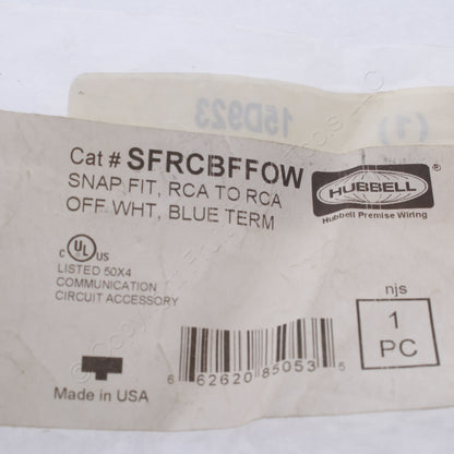 Hubbell Office White SnapFit Video Cable Jack Blue Center RCA to RCA SFRCBFFOW