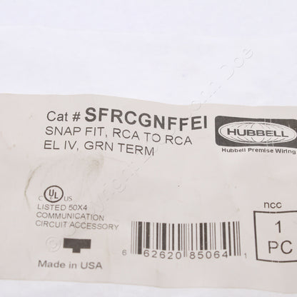 Hubbell Ivory Snap-Fit Keystone Video Cable Jack Green Center RCA/RCA SFRCGNFFEI
