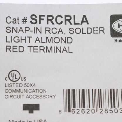 Hubbell Lt Almond Snap-Fit Keystone Audio Video Jack Red Ctr RCA Solder SFRCRLA