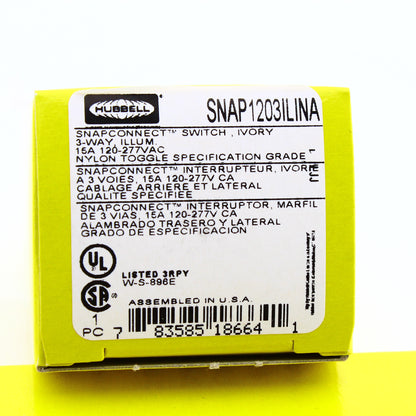 Hubbell SNAPConnect Illuminated Ivory 3-Way Toggle Switch 15A SNAP1203ILINA