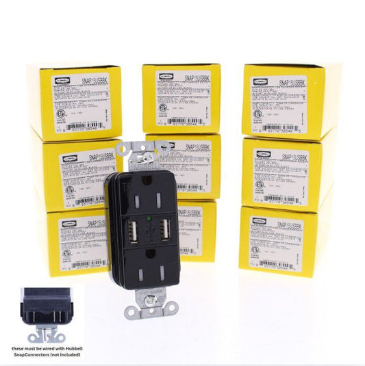 10 Hubbell SNAP15USBBK Black Decorator SnapConnect 15A Receptacle Outlets 2.0USB