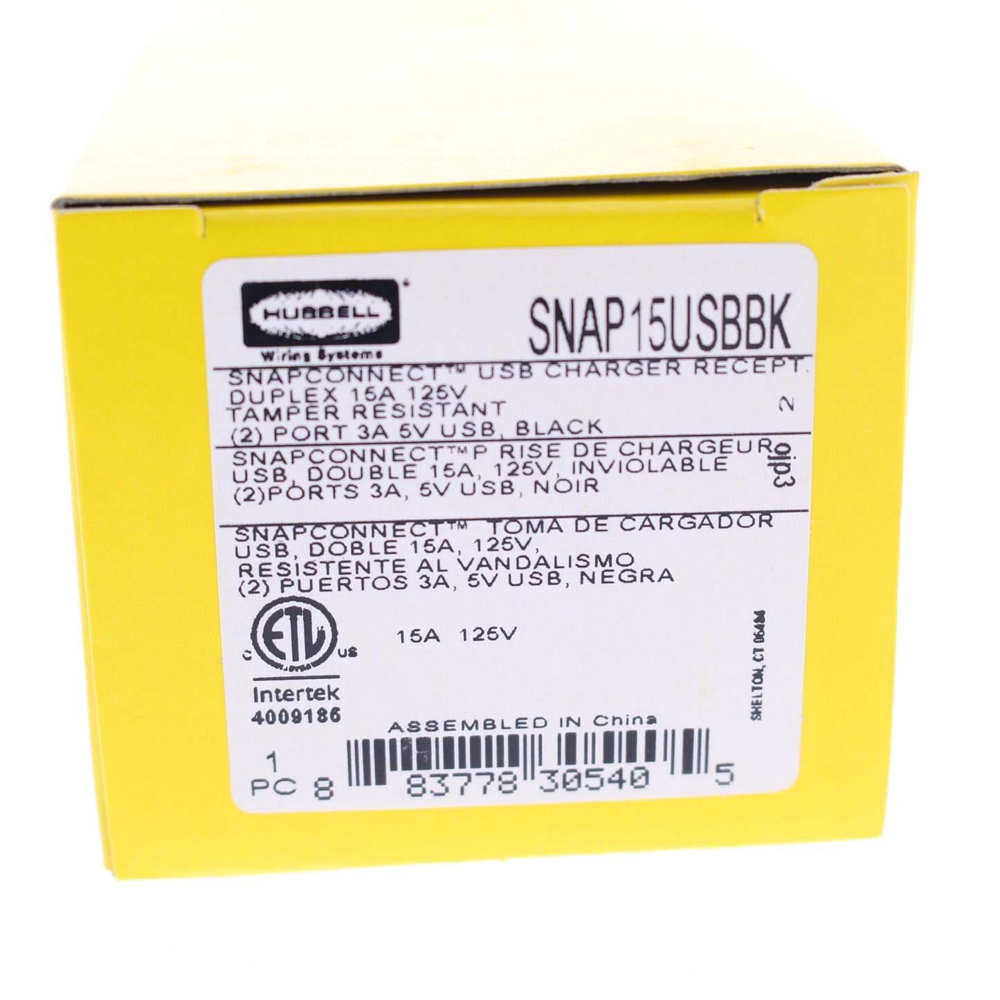 Hubbell SNAP15USBBK Black Decorator SnapConnect 15A Receptacle TR Outlet 2.0 USB