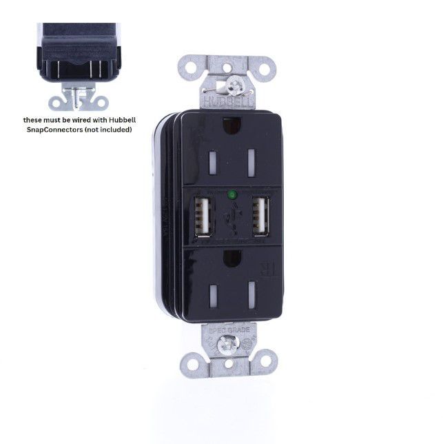 Hubbell SNAP15USBBK Black Decorator SnapConnect 15A Receptacle TR Outlet 2.0 USB
