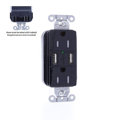 Hubbell SNAP15USBBK Black Decorator SnapConnect 15A Receptacle TR Outlet 2.0 USB