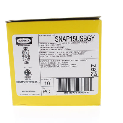 10 Hubbell SNAP15USBGY Gray Decorator SnapConnect 15A Receptacle Outlets 2.0 USB