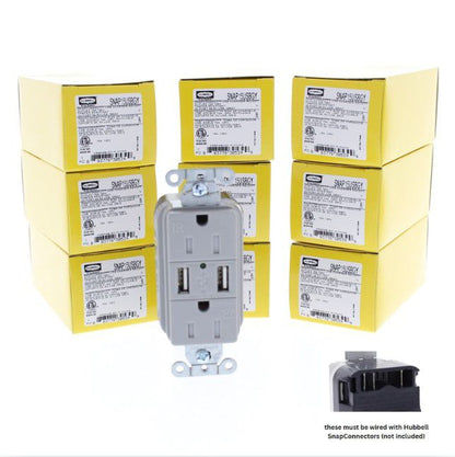 10 Hubbell SNAP15USBGY Gray Decorator SnapConnect 15A Receptacle Outlets 2.0 USB