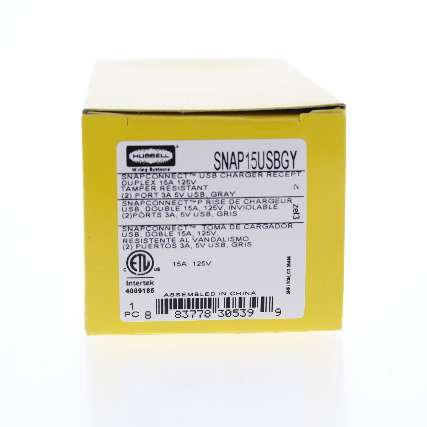 Hubbell SNAP15USBGY Gray Decorator SnapConnect 15A Receptacle TR Outlet 2.0 USB